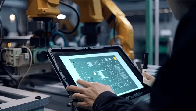 Operario con tablet en fábrica